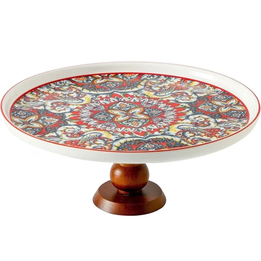 Bohemian Ceramic Cake Stand Mandala Pattern Wooden Pedestal Base Detachable